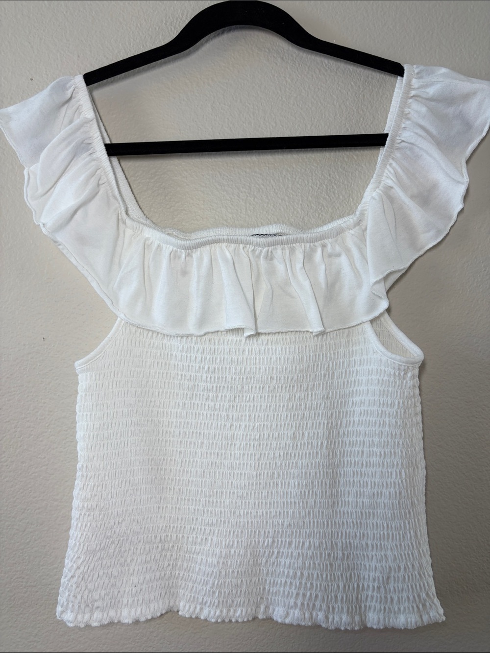 Crave Fame White Ruffle-Trim Smocked Tank Top